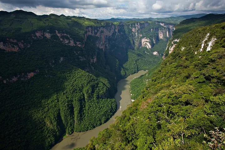High angle view looking down at the river winding through Sumidero Canyon