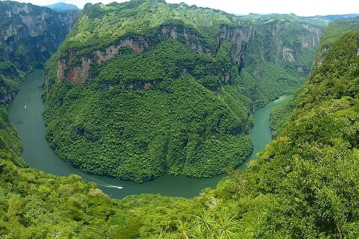 Aerial view of a boat cruising the winding green river in Sumidero Canyon